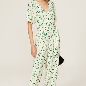 Tara Jarmon Cream and Green Floral Jumpsuit with V-Neck